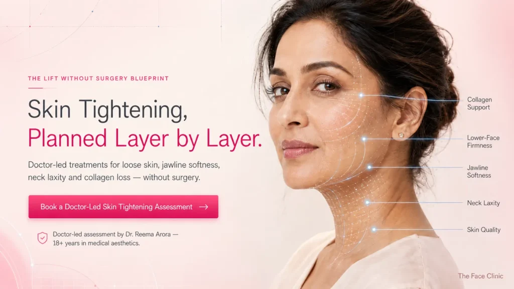 Skin Tightening 1 Hero visual showing an Indian woman with blueprint-style facial and neck mapping for doctor-led skin tightening, highlighting collagen support, jawline softness, neck laxity and skin quality at The Face Clinic.