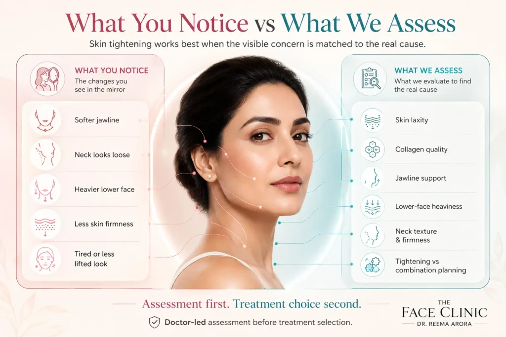 Doctor-led skin tightening assessment visual showing what patients notice, including softer jawline, loose-looking neck, heavier lower face and reduced skin firmness, versus what The Face Clinic assesses, including skin laxity, collagen quality, jawline support, neck texture and treatment suitability.