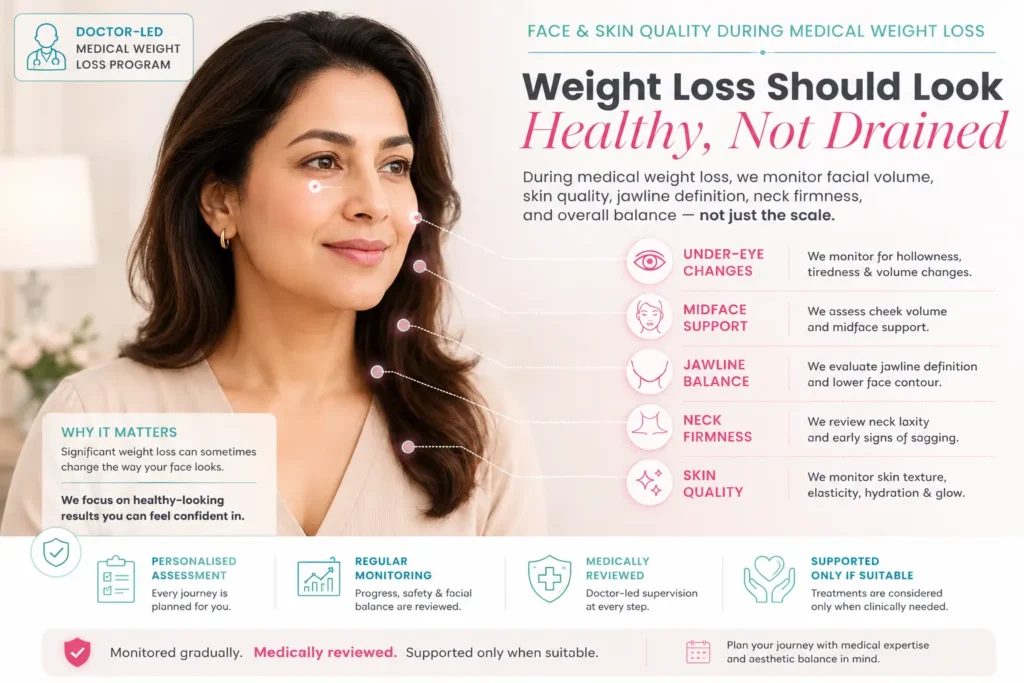 Face and skin quality map during Ozempic weight loss treatment at The Face Clinic, showing under-eye changes, midface support, jawline balance, neck firmness, skin quality monitoring, personalised assessment, medical review and aesthetic balance.