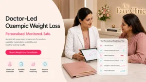 Doctor-led Ozempic weight loss consultation at The Face Clinic, showing a personalised medical weight loss plan with appetite review, metabolic assessment, suitability guidance, progress monitoring and aesthetic balance.