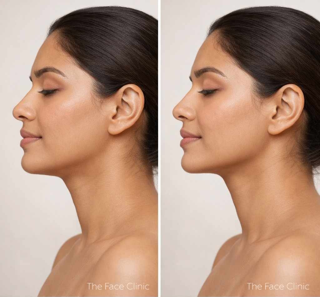 non surgical double chin treatment before after subtle jawline contour improvement Delhi India