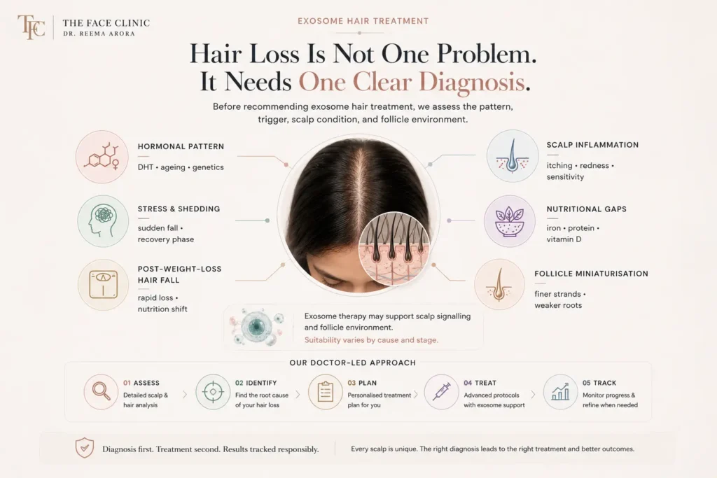 Exosome Treatment 2 Hair loss cause map showing hormonal pattern, stress shedding, post weight loss hair fall, scalp inflammation, nutritional gaps, and follicle miniaturisation for exosome hair treatment planning at The Face Clinic Delhi