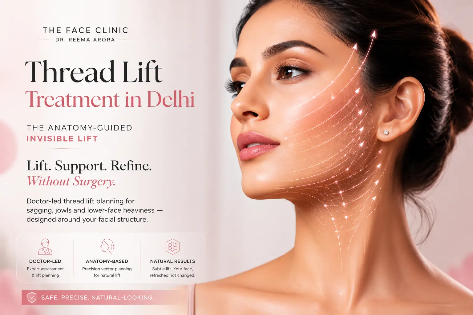 Thread lift treatment in Delhi showing anatomy-guided lift vectors for sagging, jowls and lower-face heaviness at The Face Clinic.