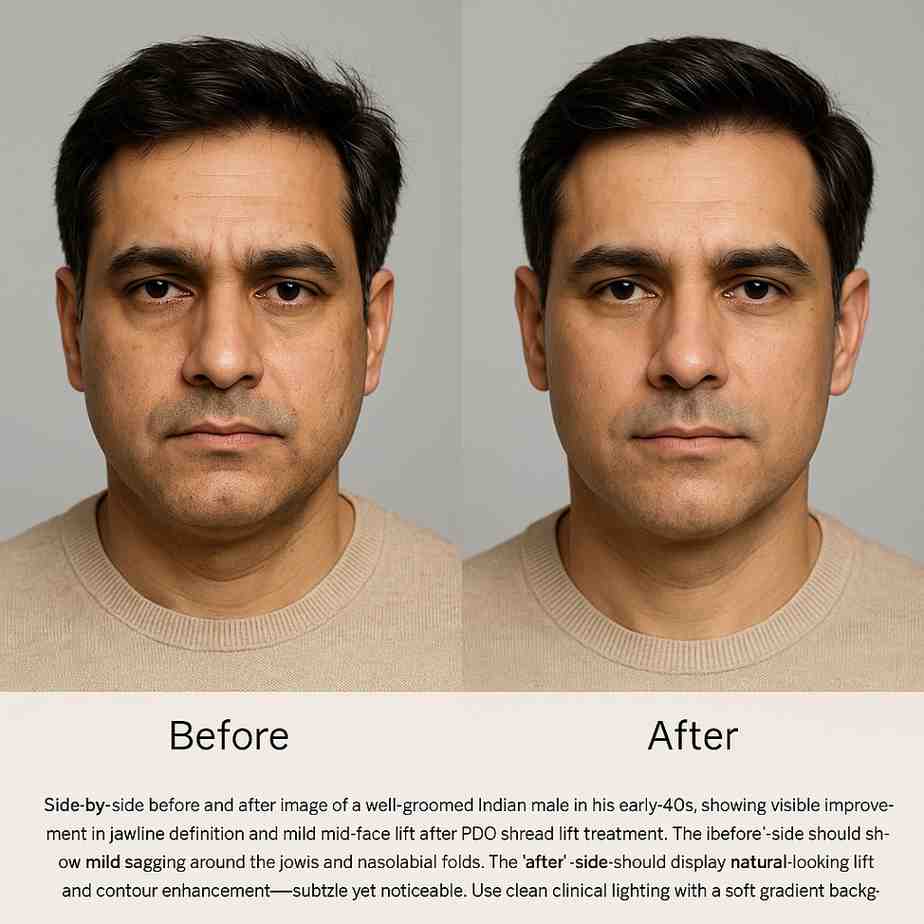 Before and after of a male patient in his 40s showing visible jawline lift and mid-face contouring after PDO thread lift treatment at The Face Clinic, Delhi, India