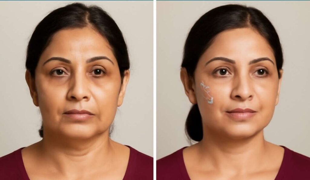 Female patient’s jawline before and after PDO thread lift treatment for facial contouring in Delhi, India