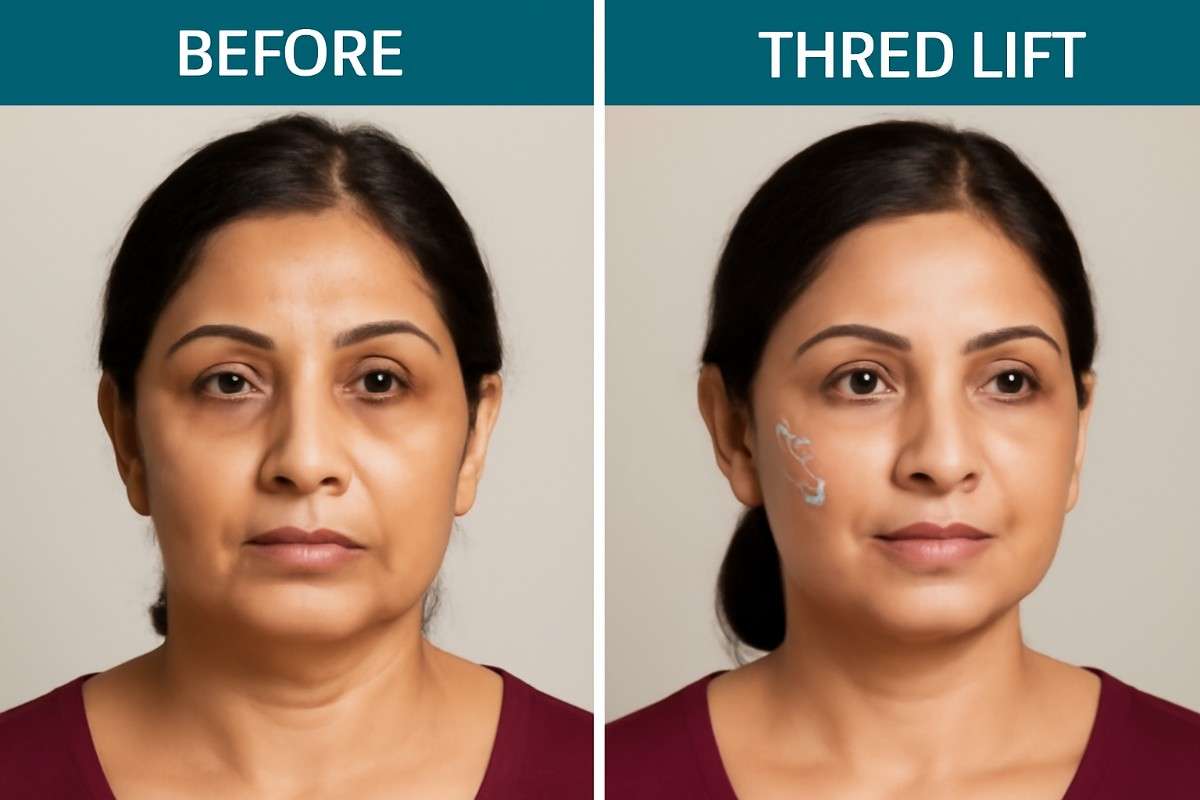 Female patient’s jawline before and after PDO thread lift treatment for facial contouring in Delhi, India