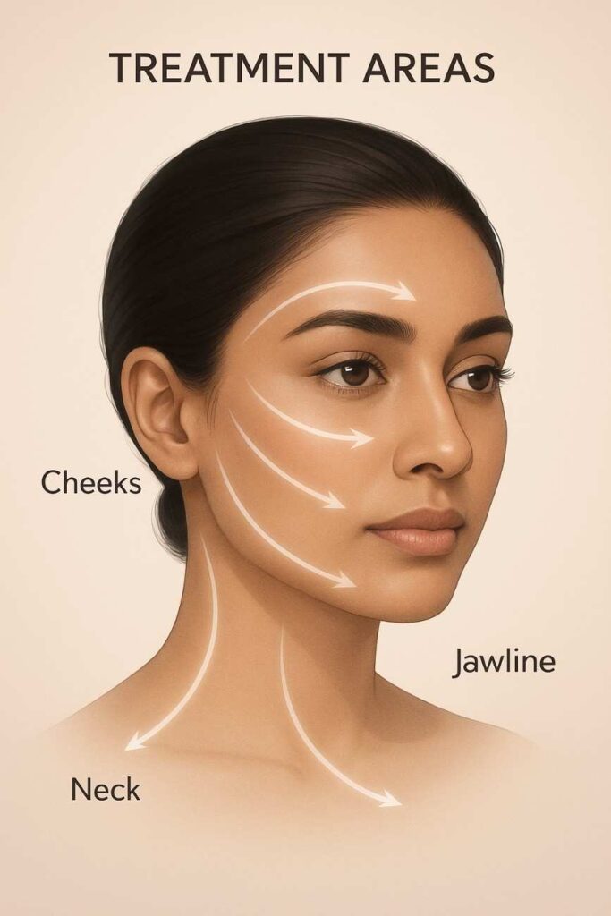 Illustration showing thread lift treatment areas on an Indian female face, highlighting cheeks, jawline, brows, and neck with subtle lift direction arrows