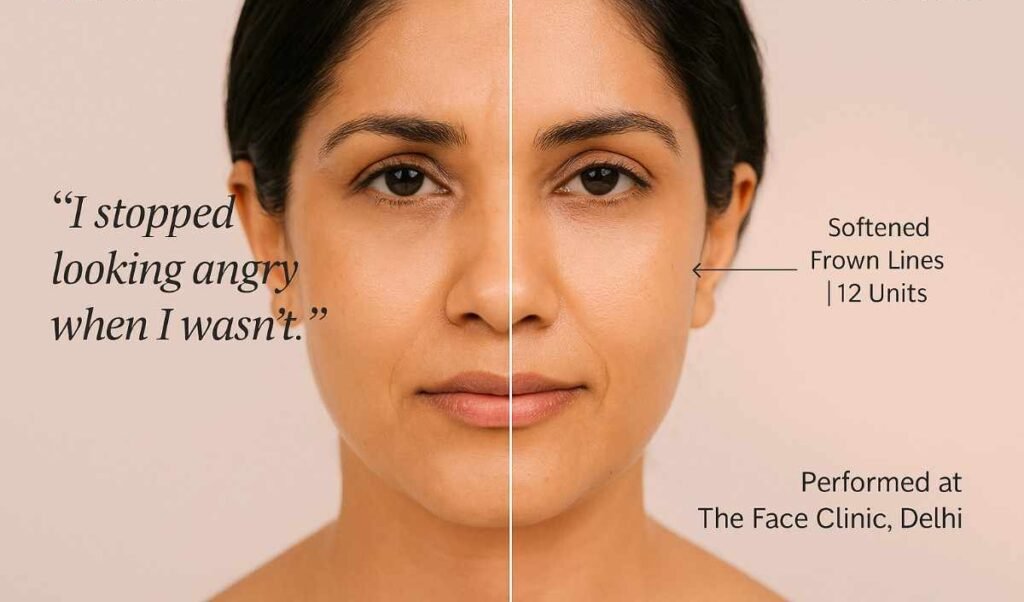 Anti wrinkle treatment before showing fine lines, forehead wrinkles, and early signs of aging skin prior to cosmetic procedure.