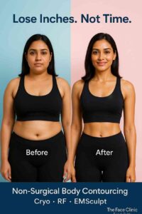 Before and after visual of non-surgical body contouring in India and Delhi, showing visible inch loss on waist and jawline at The Face Clinic