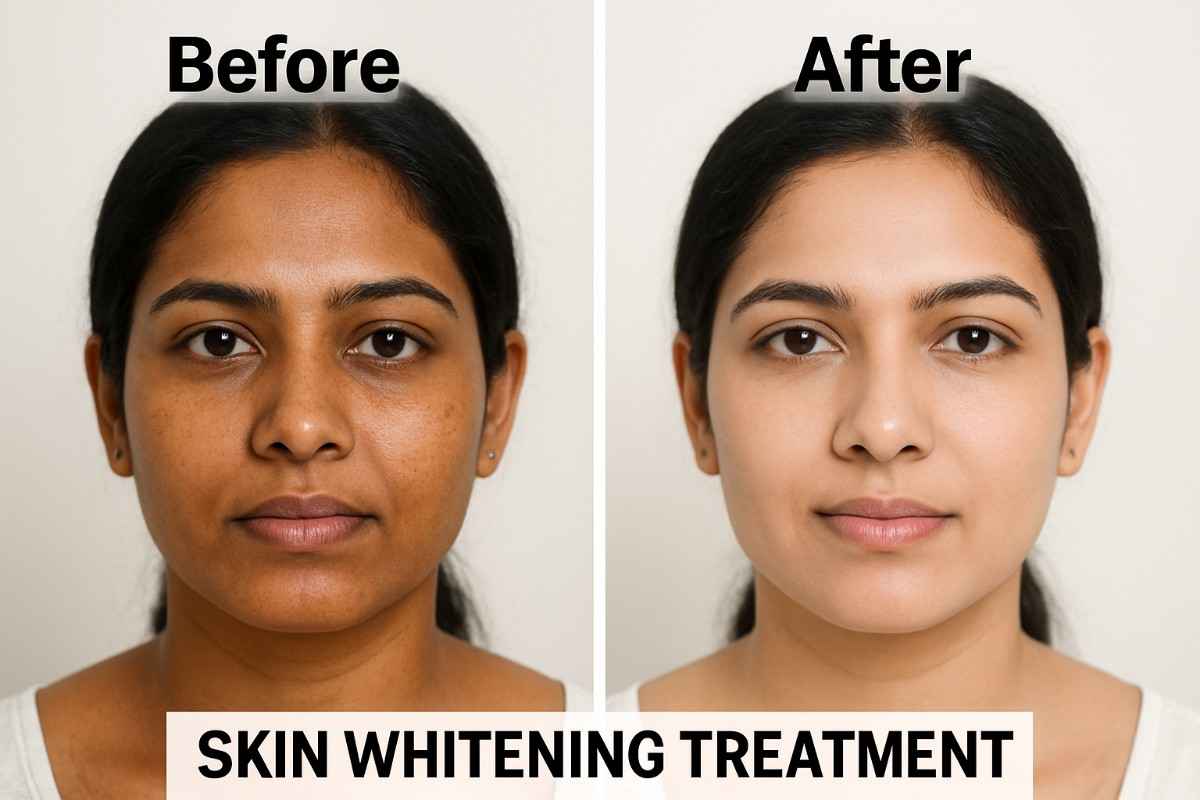 Skin whitening treatment before and after results on Indian woman