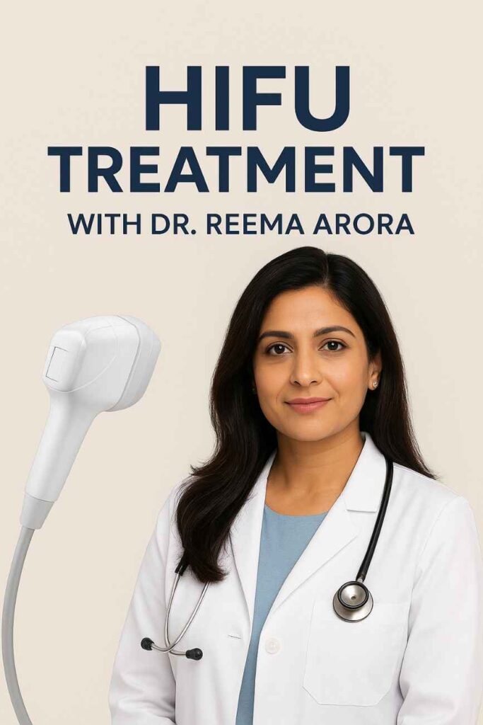 Before and after skin tightening with HIFU treatment.