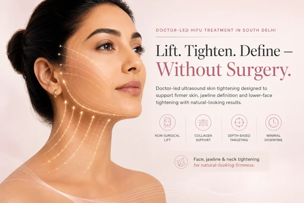 Doctor-led HIFU treatment in South Delhi showing ultrasound skin tightening for natural face, jawline and neck firmness without surgery
