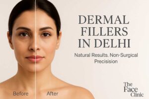 Indian woman before and after dermal filler treatment at The Face Clinic in Delhi, showing subtle facial enhancement and natural results.