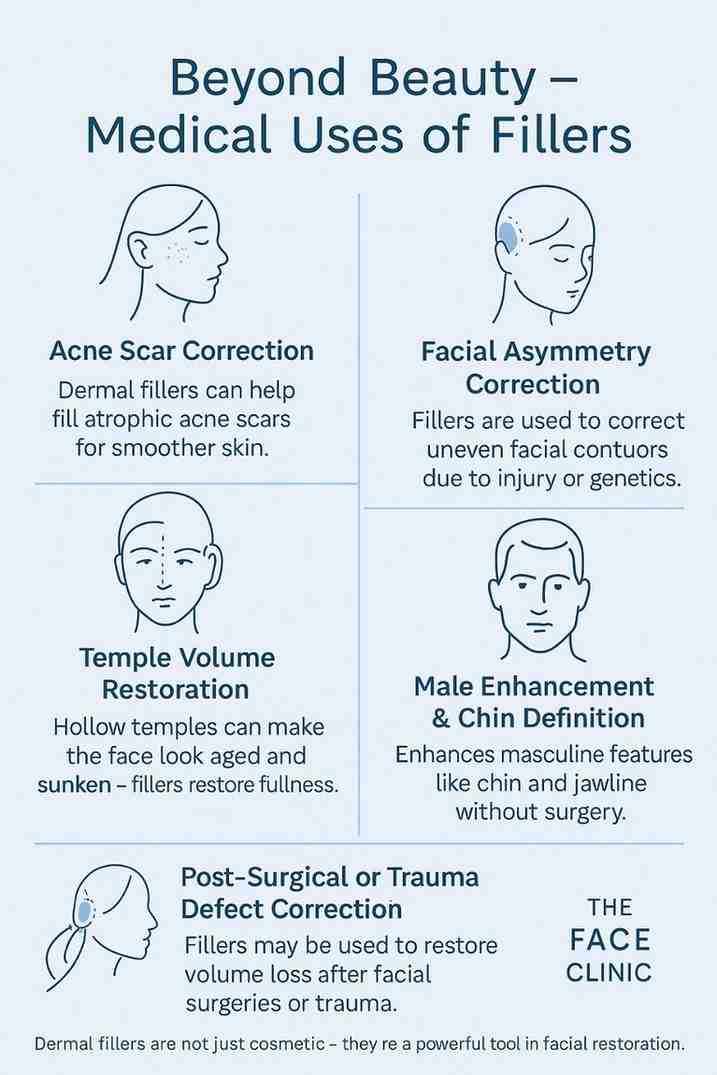 Educational infographic showing medical applications of dermal fillers in India including acne scars, facial asymmetry, temple volume, and post-surgery correction.