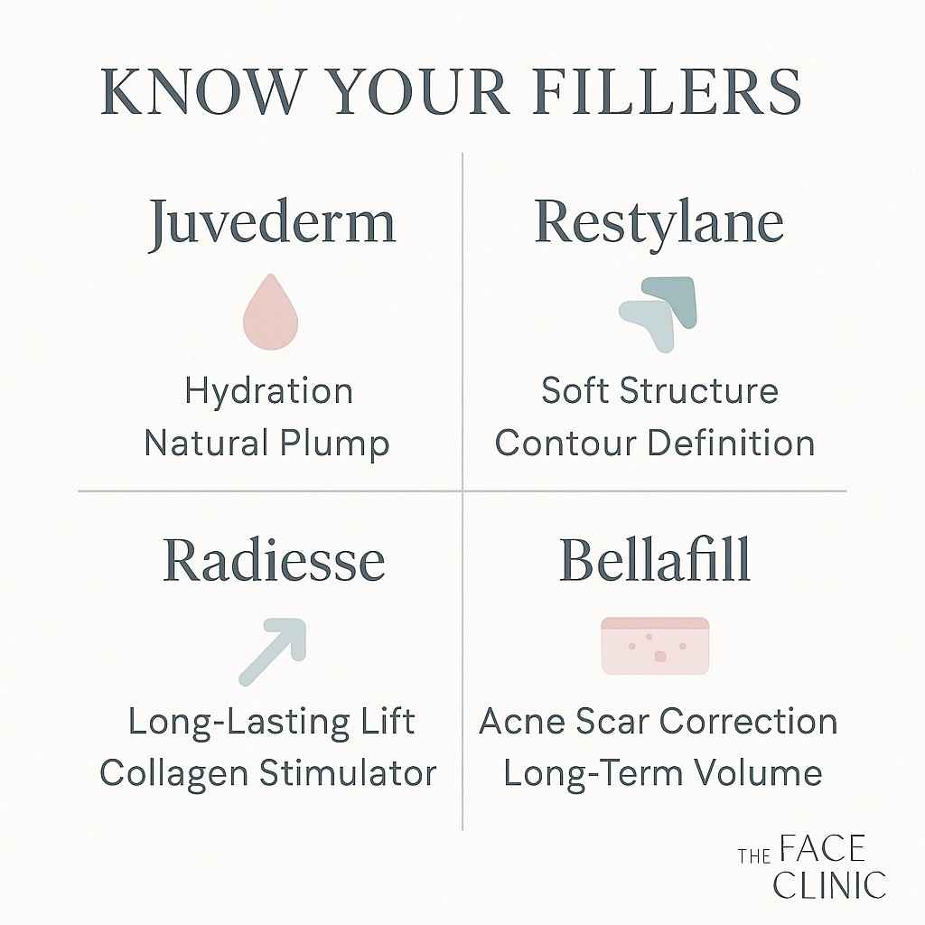Educational infographic comparing types of dermal fillers including Juvederm, Restylane, Bellafill; areas treated and filler benefits.