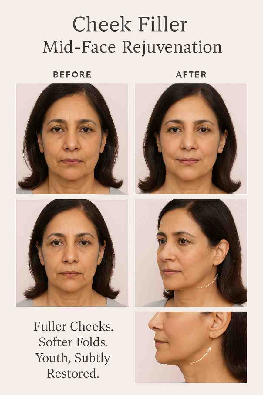 Cheek filler before and after (3-angle) – mid-face volume loss treatment by Dr. Reema Arora, Delhi, India