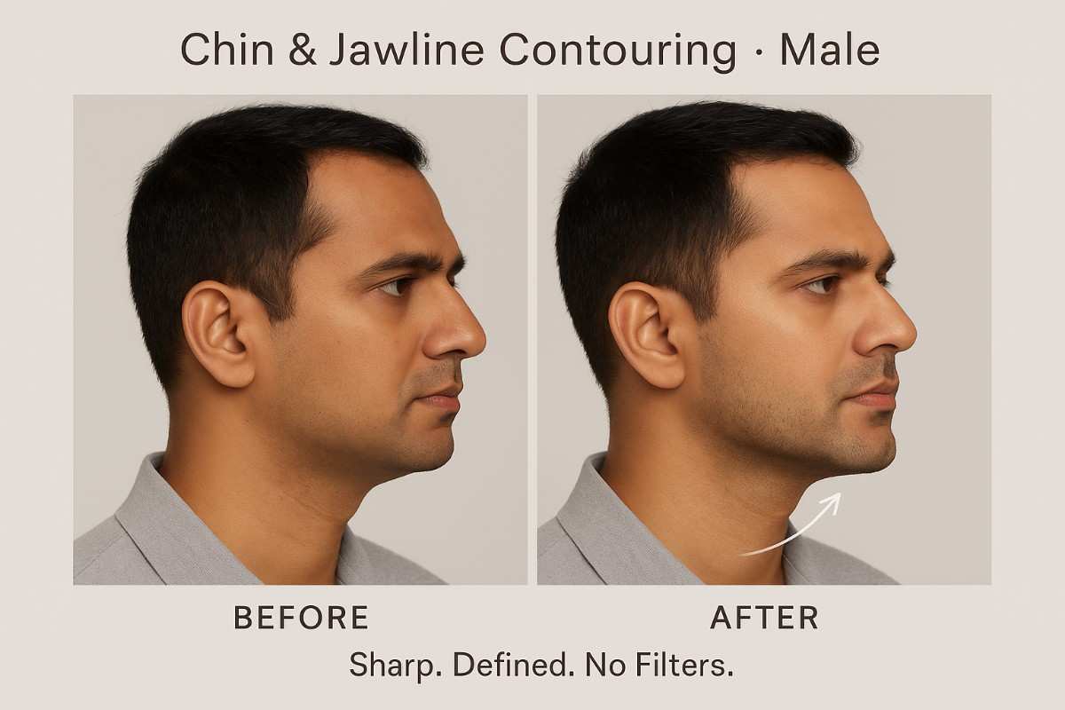 Male jawline and chin contouring – non-surgical filler before and after by Dr. Reema Arora, Delhi, India