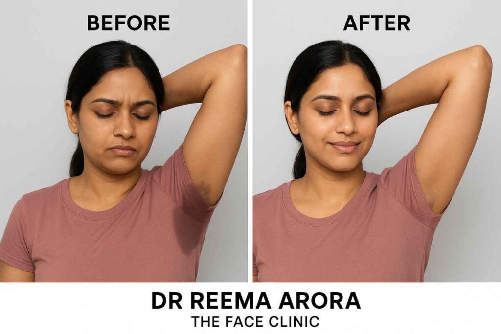 Before and after results of hyperhidrosis treatment on an Indian woman by Dr. Reema Arora at The Face Clinic.