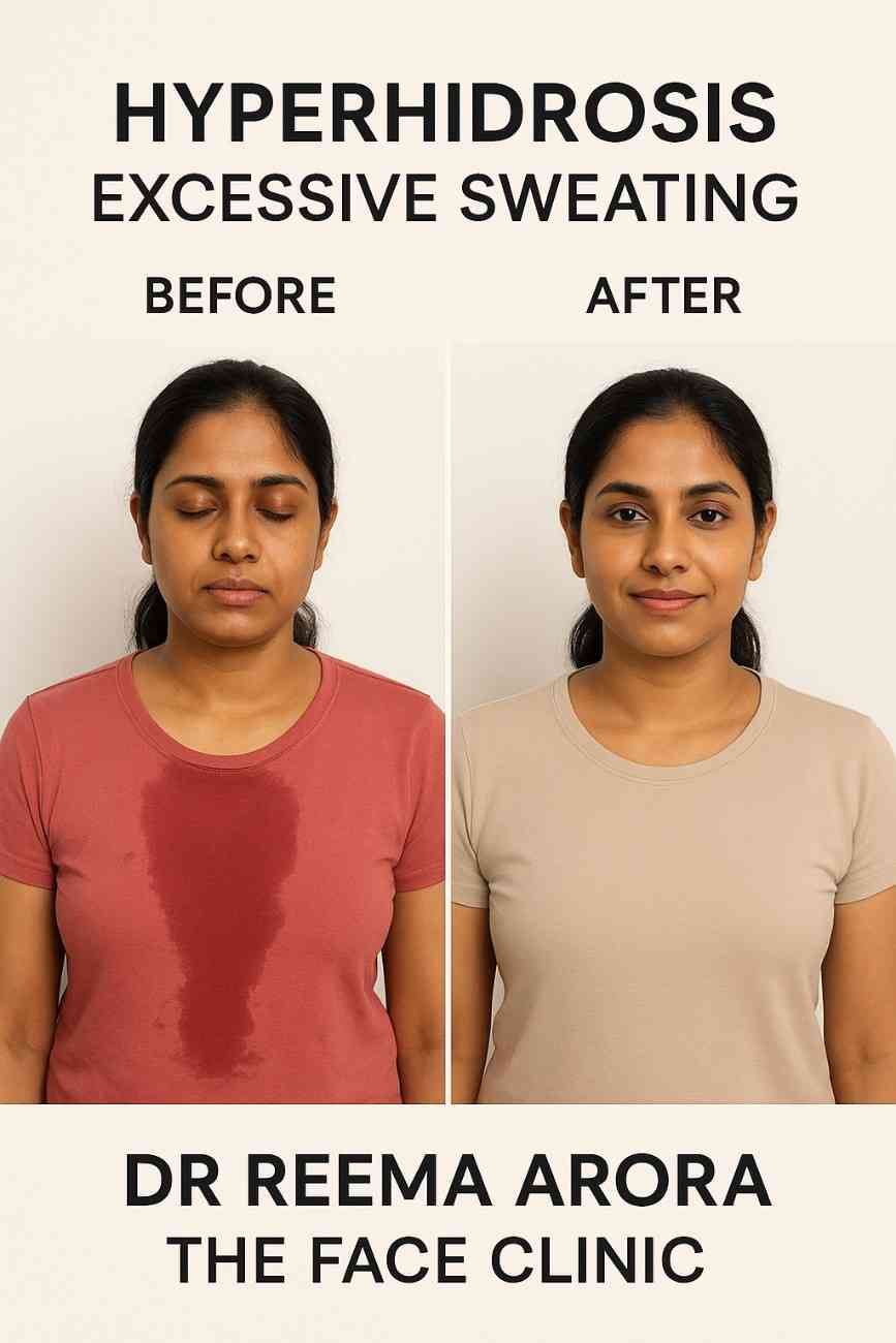 Before and after hyperhidrosis excessive sweating treatment in an Indian woman, showing reduced sweating, with text “Dr Reema Arora The Face Clinic.