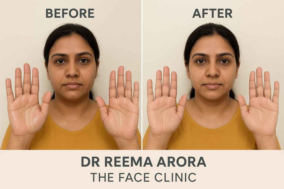 Before and after photos of an Indian woman showing results of hyperhidrosis treatment, with text Dr Reema Arora The Face Clinic.