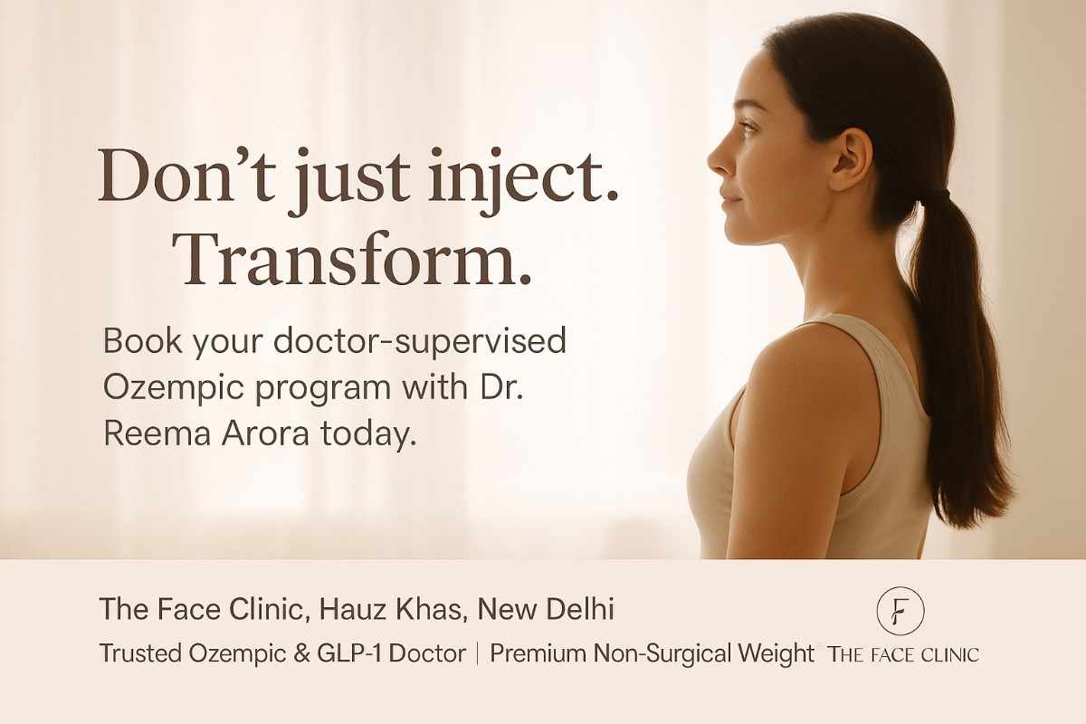 Promotional visual inviting patients to consult Dr. Reema Arora, a top Ozempic weight loss doctor in Delhi, and begin their non-surgical transformation at The Face Clinic.