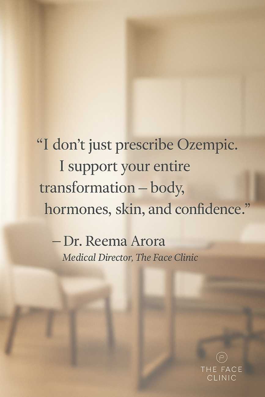 Inspirational quote from Dr. Reema Arora on holistic transformation through Ozempic, emphasizing safe, medical weight loss under expert supervision at The Face Clinic.
