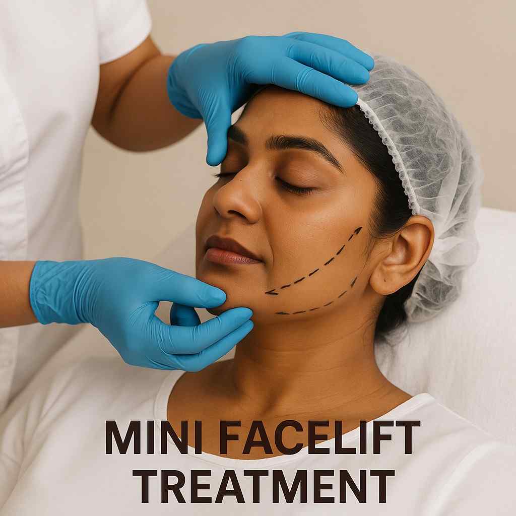 Indian woman before and after mini facelift procedure showing tightened skin, lifted cheeks, and reduced signs of aging.