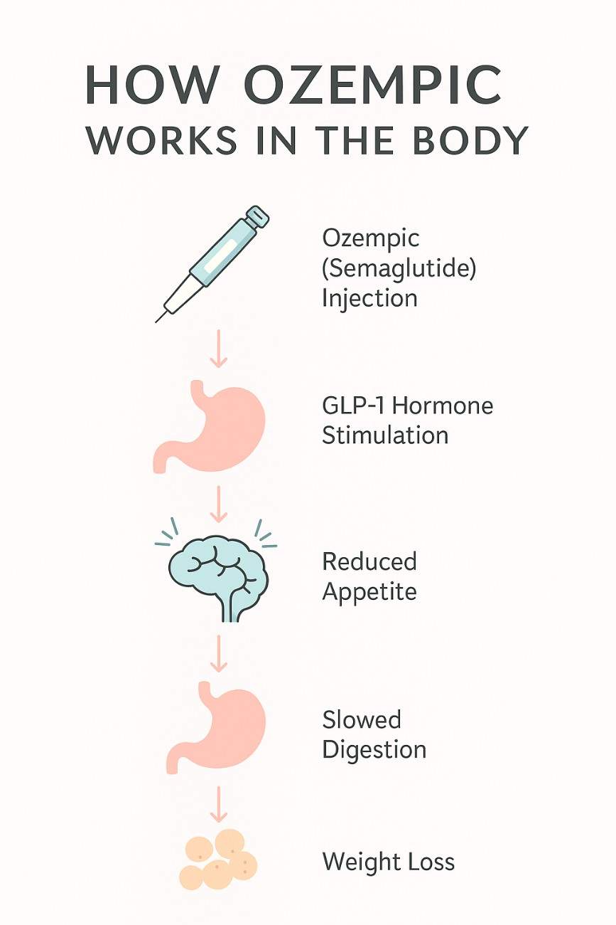 Educational infographic from an Ozempic weight loss clinic in India showing how semaglutide mimics GLP-1 to reduce appetite and regulate insulin.
