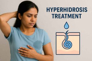 Indian woman with underarm sweat stain illustrating hyperhidrosis treatment concept