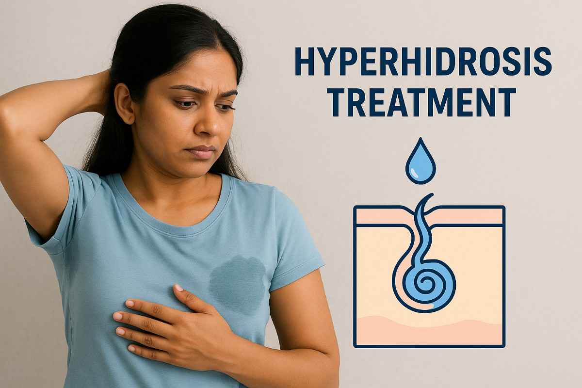 Indian woman with underarm sweat stain illustrating hyperhidrosis treatment concept