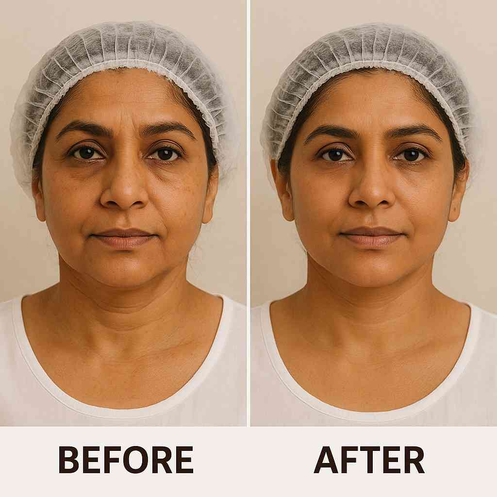 Before And After Comparison Of An Indian Woman showing visible facial improvements after a mini facelift treatment—smoother skin, reduced wrinkles, and a more lifted jawline."
