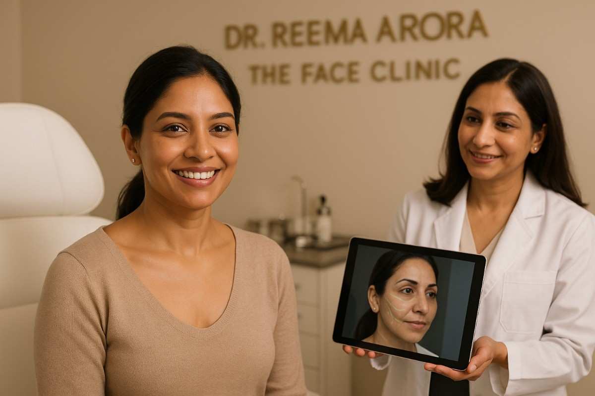 Indian woman smiling after mini facelift treatment at Dr. Reema Arora’s clinic, with doctor showing before image