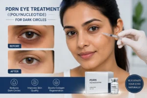 PDRN eye treatment for dark circles showing an Indian woman with before and after under-eye results