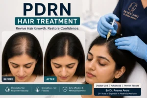 PDRN hair treatment in Delhi showing a South Asian woman before and after hair density improvement with doctor-led scalp treatment