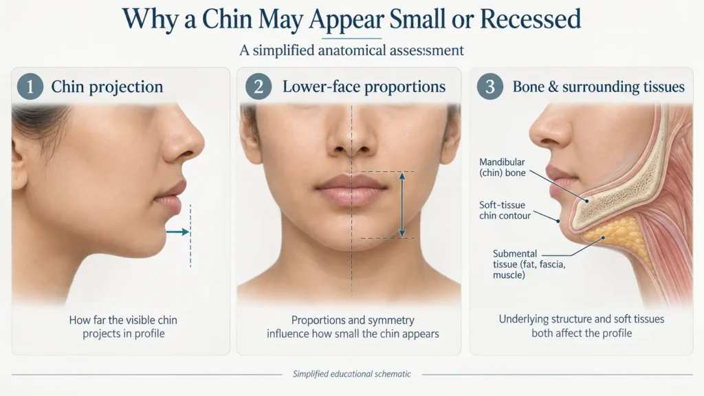 Medical illustration showing chin projection, lower-face proportions, underlying chin bone and surrounding soft tissues relevant to non-surgical chin augmentation assessment.