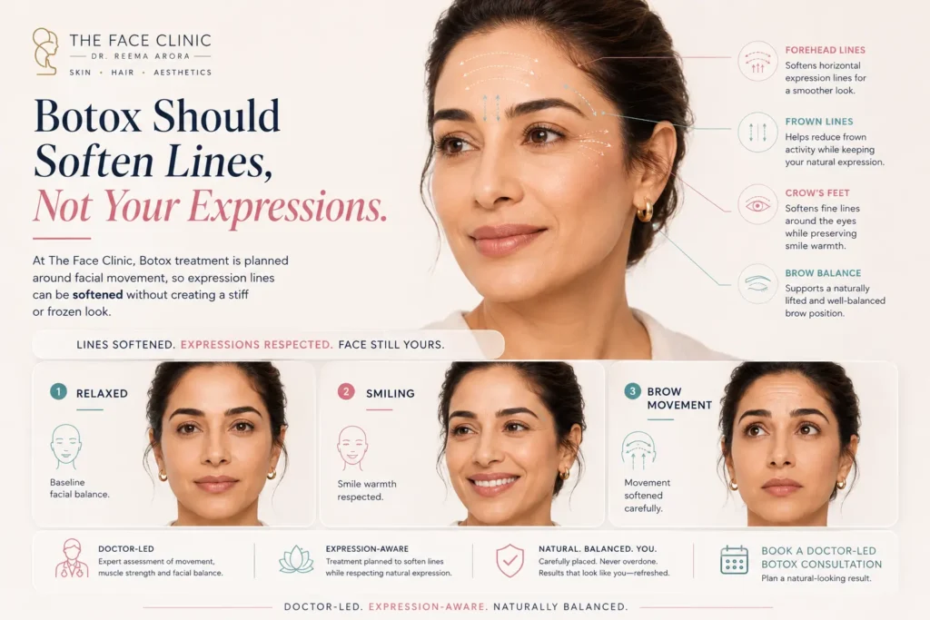 Expression-aware Botox treatment planning showing relaxed, smiling and brow movement states at The Face Clinic, South Delhi