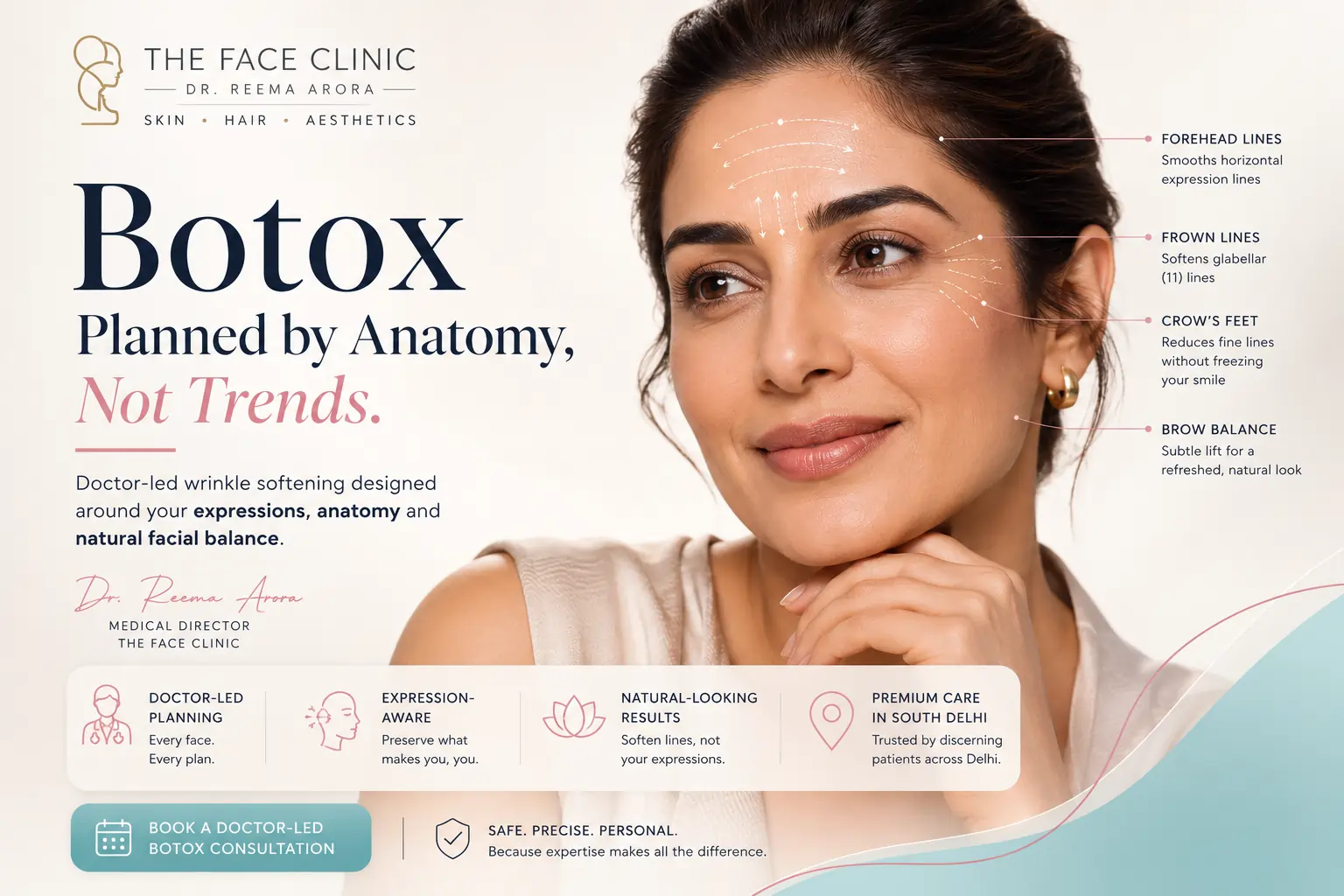 Doctor-led Botox treatment planning for forehead lines, frown lines, crow’s feet and brow balance at The Face Clinic, South Delhi