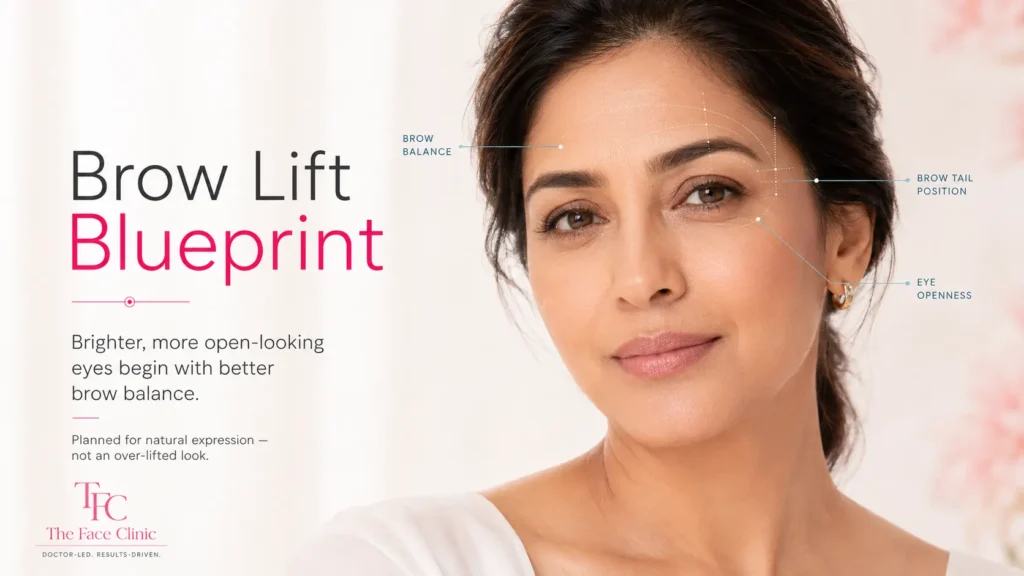 Brow Lift Blueprint visual showing an Indian woman with subtle facial analysis lines highlighting brow balance, brow tail position, and eye openness for a natural-looking eyebrow lift at The Face Clinic.