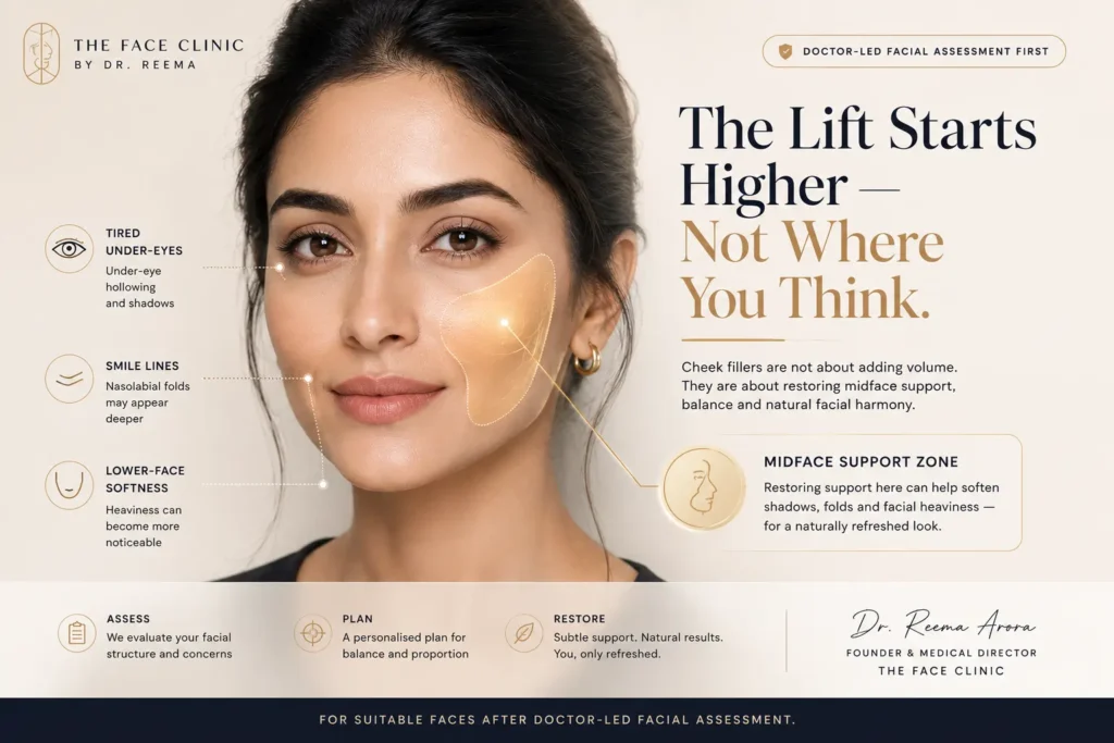 Cheek Fillers 1 Cheek fillers treatment in Delhi showing midface support zone, tired under-eyes, smile lines and lower-face softness with doctor-led facial assessment at The Face Clinic by Dr. Reema Arora