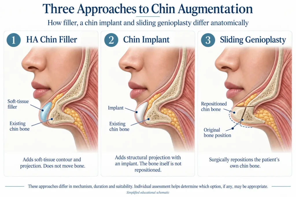 Medical illustration comparing HA chin filler, chin implant and sliding genioplasty, showing soft-tissue augmentation, an implant over existing bone and surgical repositioning of the chin bone.