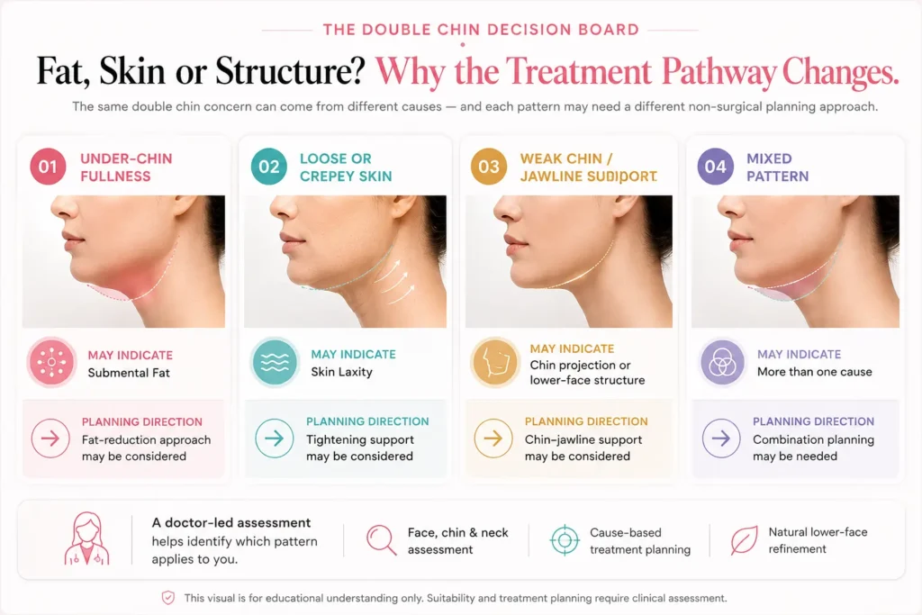 Double chin decision board showing how under-chin fullness, skin laxity, weak chin-jawline support and mixed patterns may need different non-surgical treatment planning.