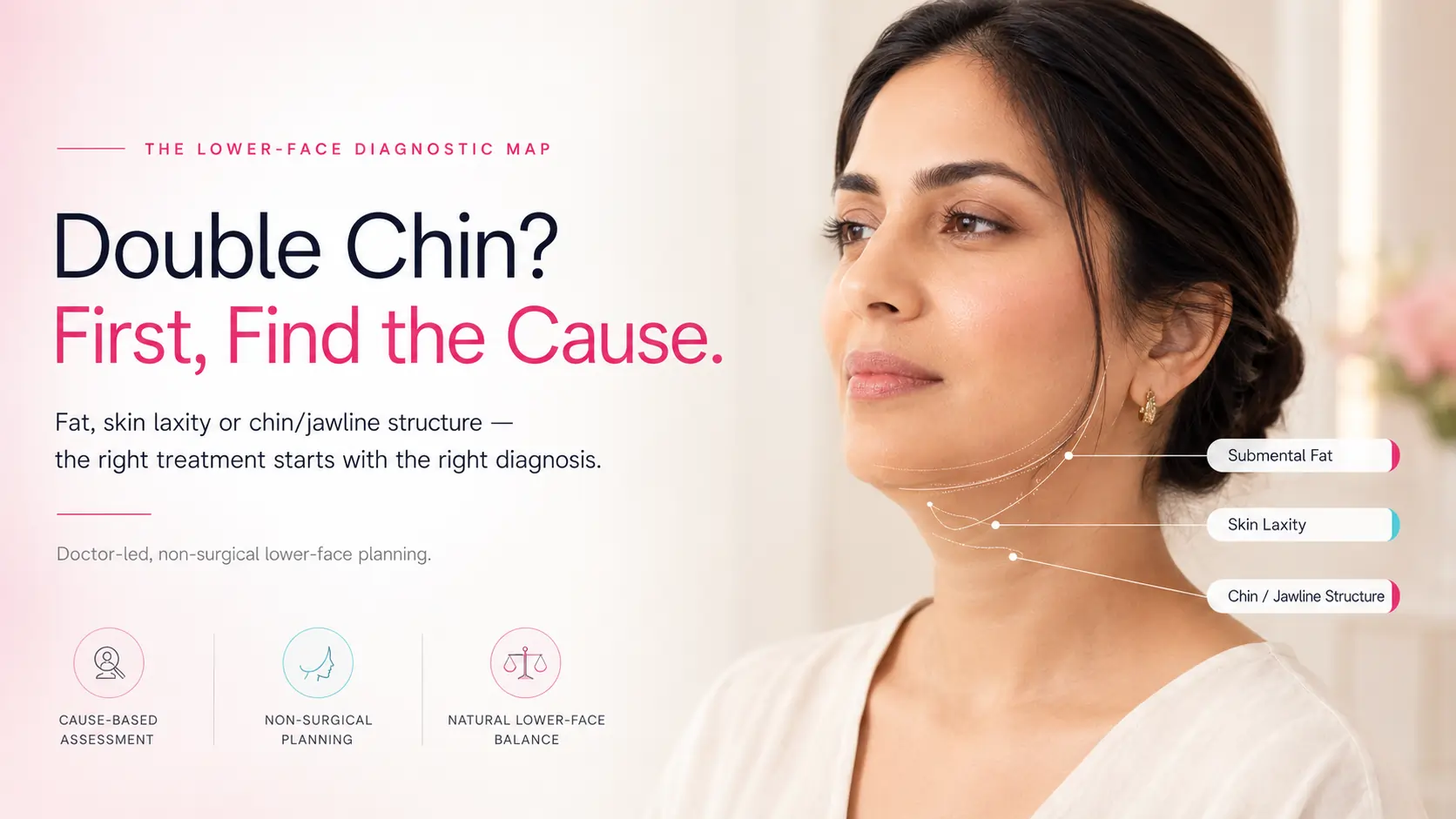 Diagnostic cause map showing non-surgical double chin treatment planning for submental fat, skin laxity and chin-jawline structure at The Face Clinic.