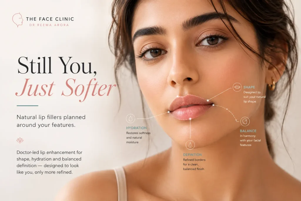 Lip Fillers 1 Natural-looking lip fillers in Delhi with a doctor-led lip design blueprint showing shape, hydration, definition and facial balance at The Face Clinic.