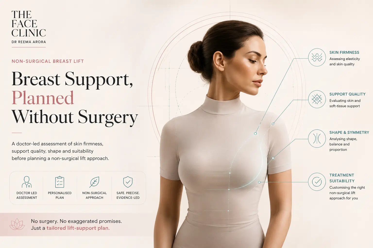 Non-surgical breast lift visual showing a covered female silhouette with doctor-led assessment markers for skin firmness, support quality, shape, symmetry and treatment suitability at The Face Clinic.