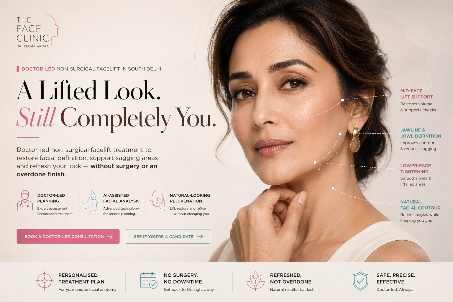 Premium hero visual for non-surgical facelift treatment in Delhi showing doctor-led facial analysis, mid-face lift support, jawline and jowl definition, lower-face tightening and natural facial contour planning at The Face Clinic.