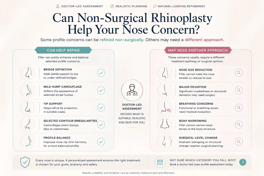 Visual explaining what nose fillers in Delhi can refine, including bridge definition, mild hump camouflage, tip support, and profile balance.