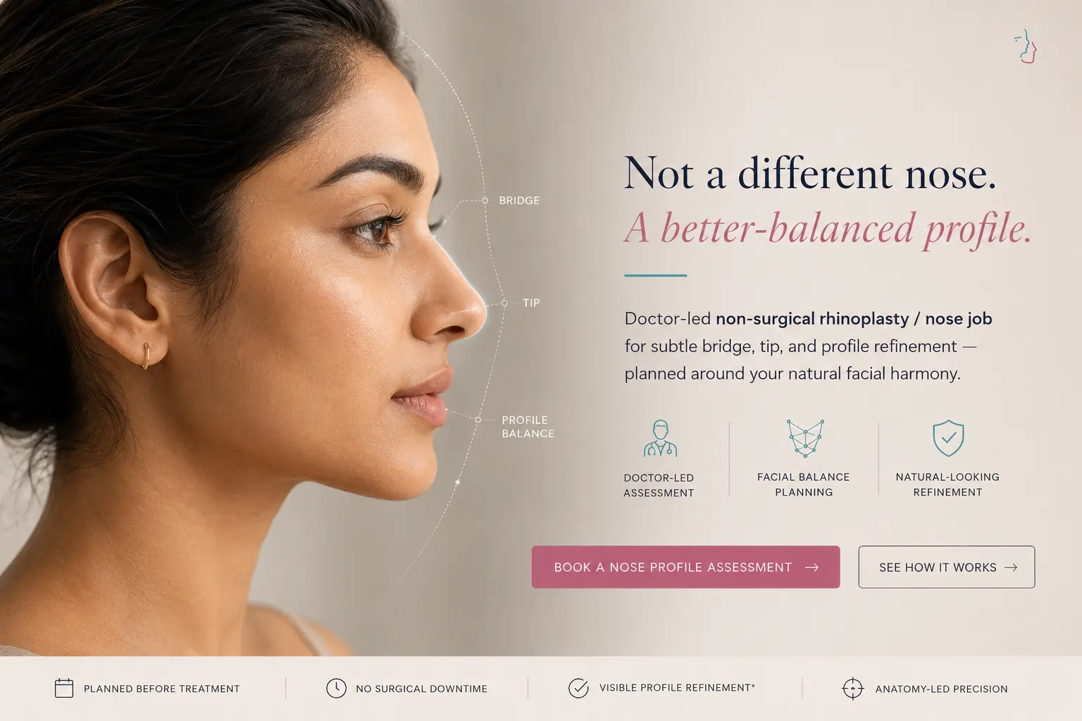Nose fillers in Delhi showing an Indian side profile with nose bridge, tip and facial balance mapping for doctor-led nose enhancement at The Face Clinic