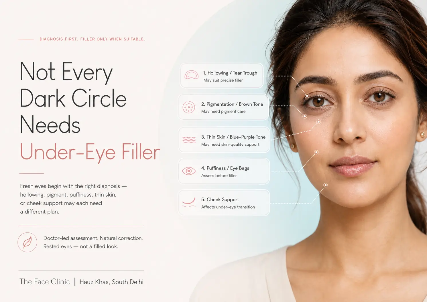 Doctor-led under eye fillers assessment in Delhi showing how hollowing, pigmentation, thin skin, puffiness, and cheek support are evaluated before treatment at The Face Clinic, Hauz Khas, South Delhi.