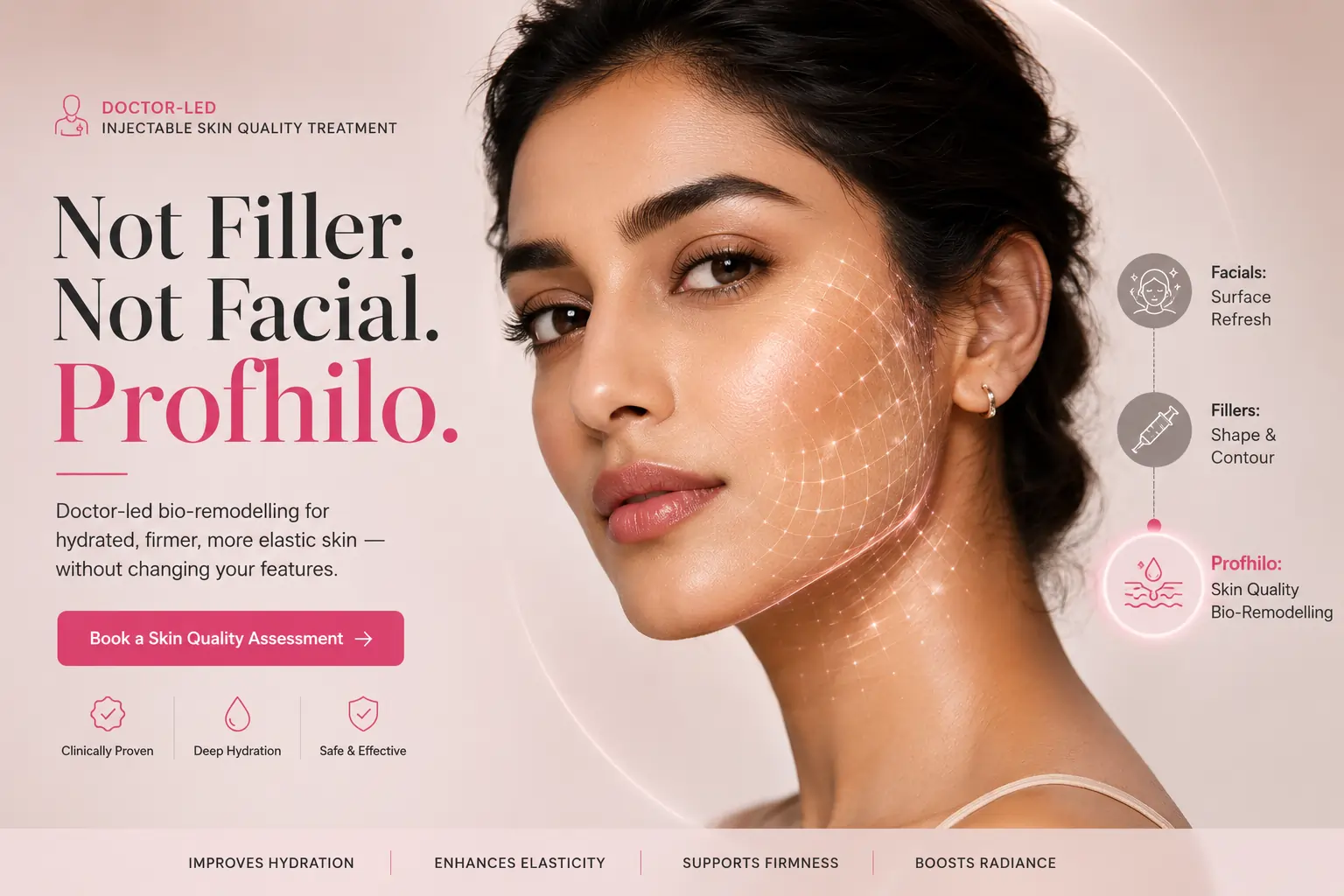 Profhilo treatment in Delhi for skin hydration, elasticity and firmness, showing doctor-led skin quality bio-remodelling without changing facial features.