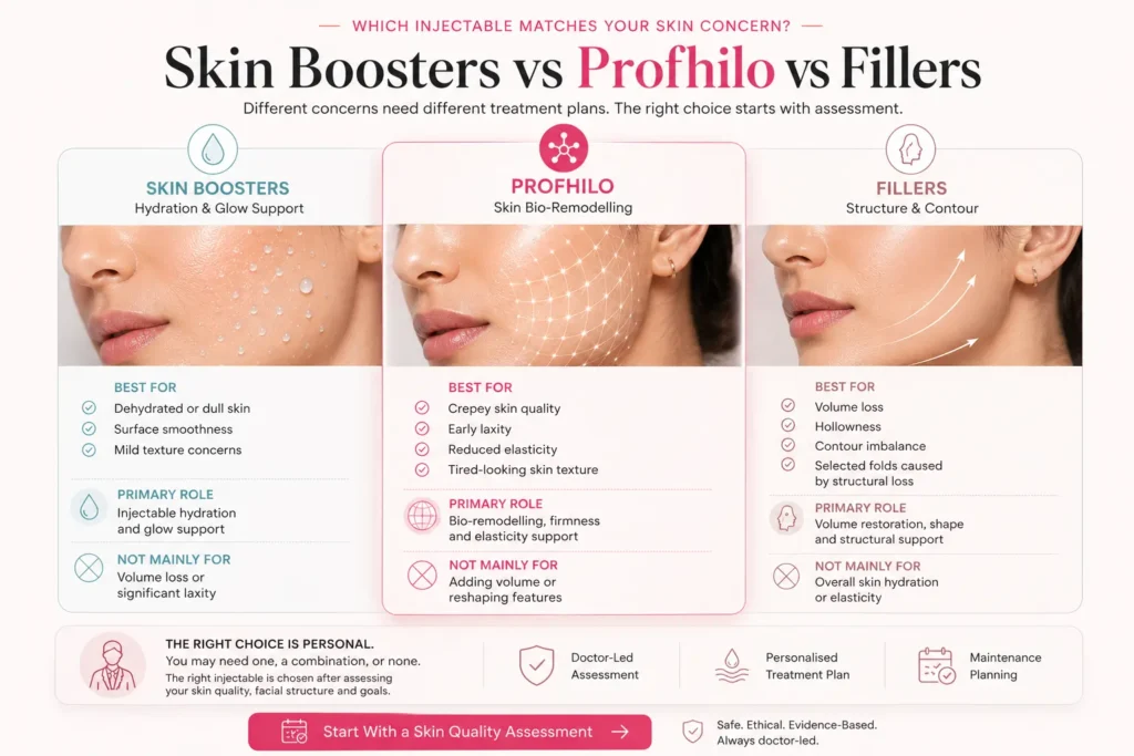 Comparison visual explaining Profhilo vs skin boosters vs fillers for skin hydration, bio-remodelling, elasticity, volume loss and contour support.